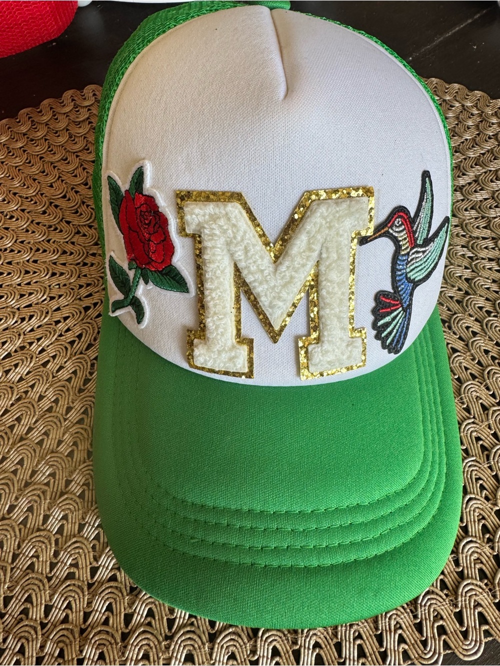 Green & White Trucker Cap with Embroidered 'M' Patch